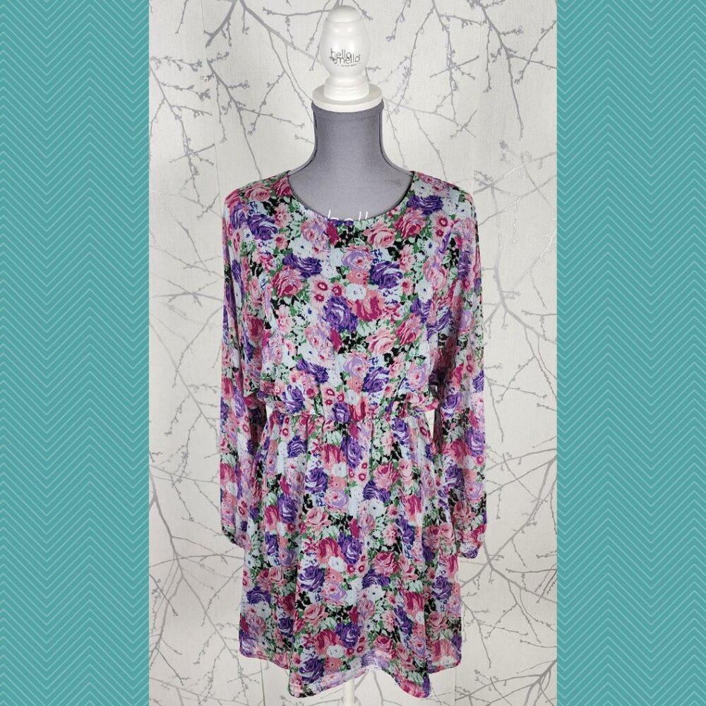 WAYF Pink Colorful Floral Chiffon Overlay Round Neck Mini Dress